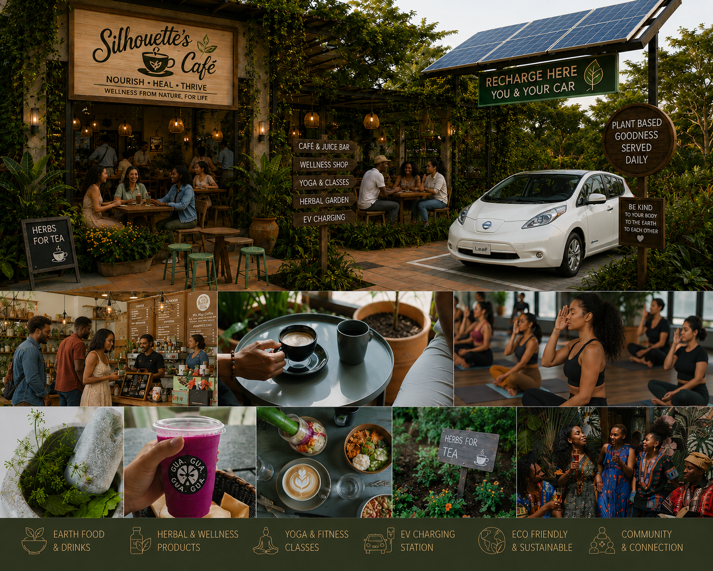 Silhouette’s Café full concept vision with café, wellness products, Silhouette Strike Sessions, EV charging, smoothies, and lounge areas