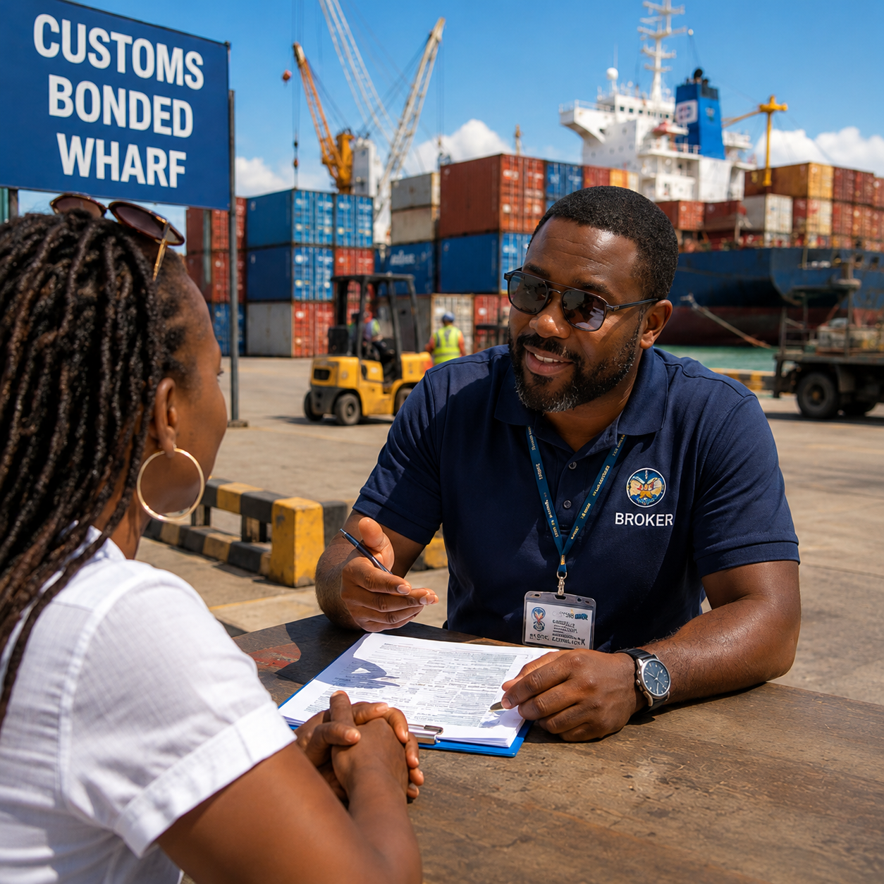 Illustration of a Customs broker assisting a returning resident at a cargo wharf