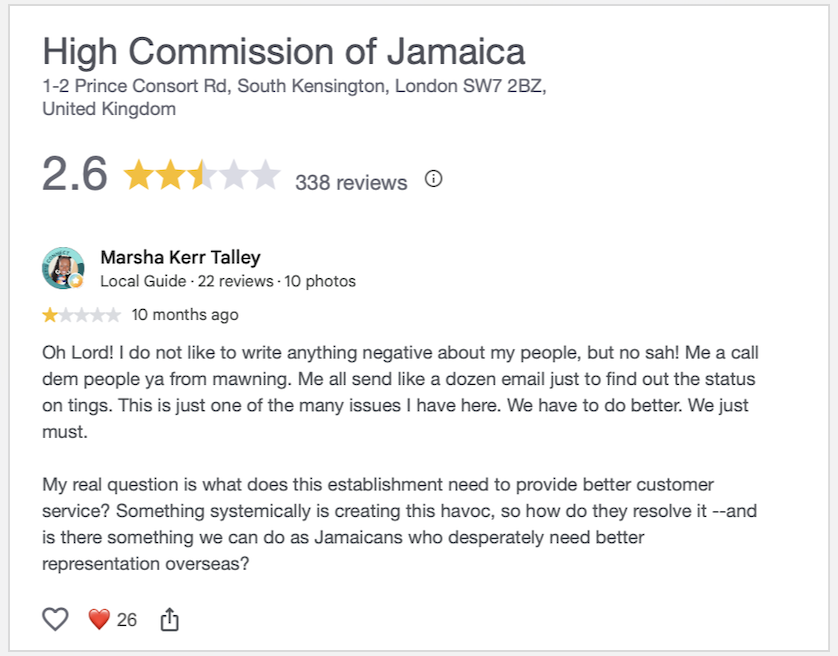 Google review I posted about the High Commission of Jamaica in London before moving to Jamaica