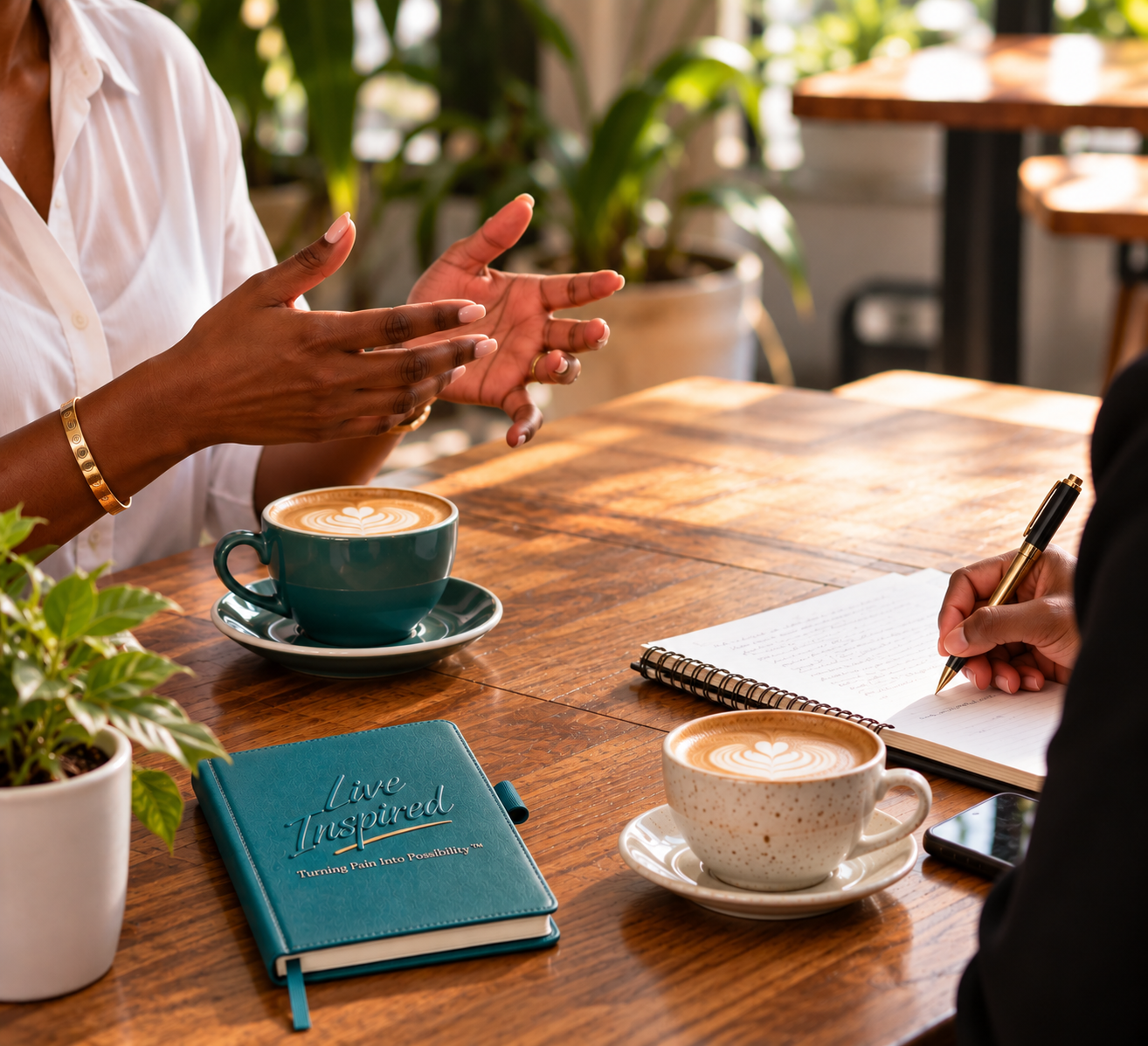 Two people having a consultation over coffee with a Live Inspired journal on the table