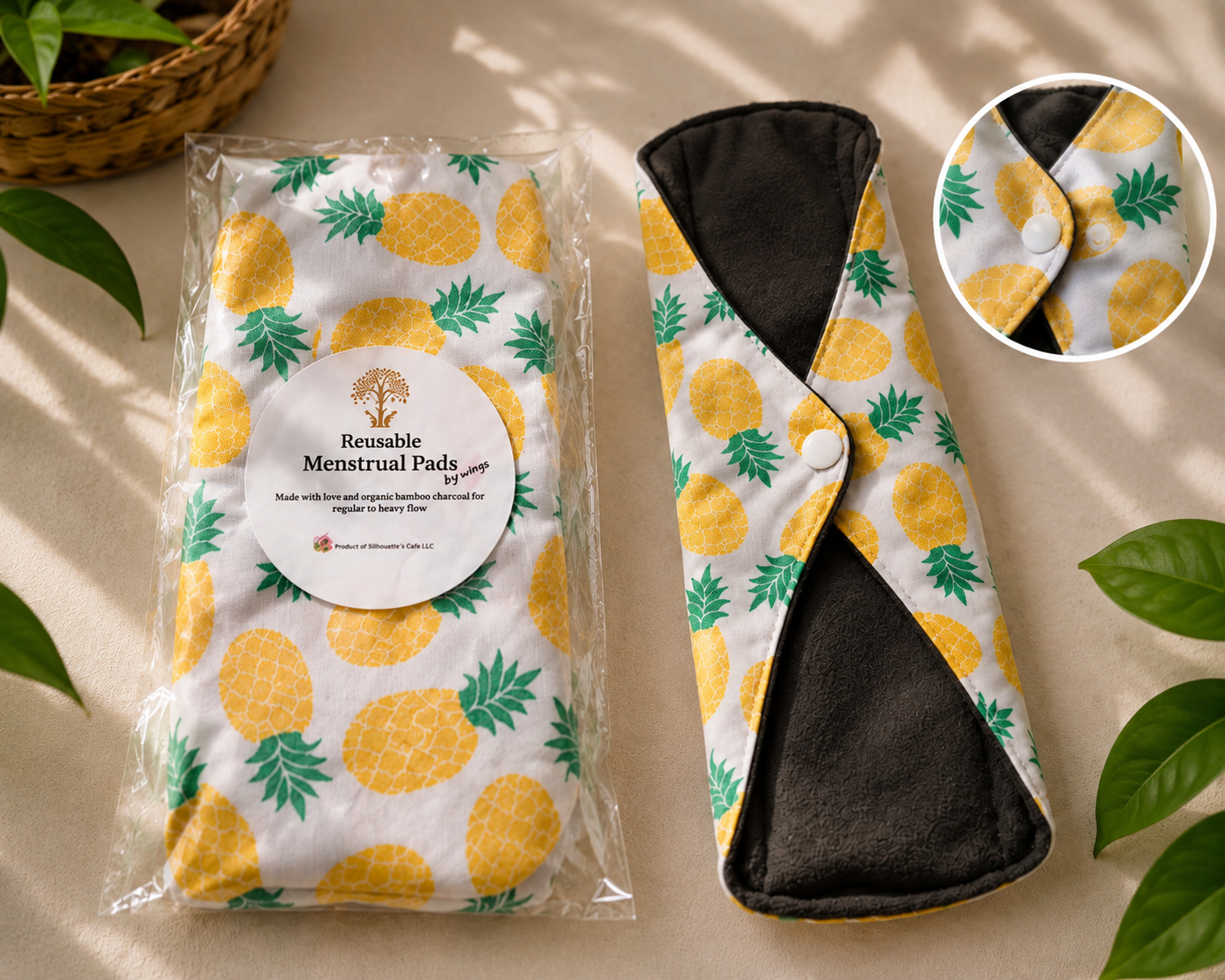 Reusable menstrual pads with pineapple print