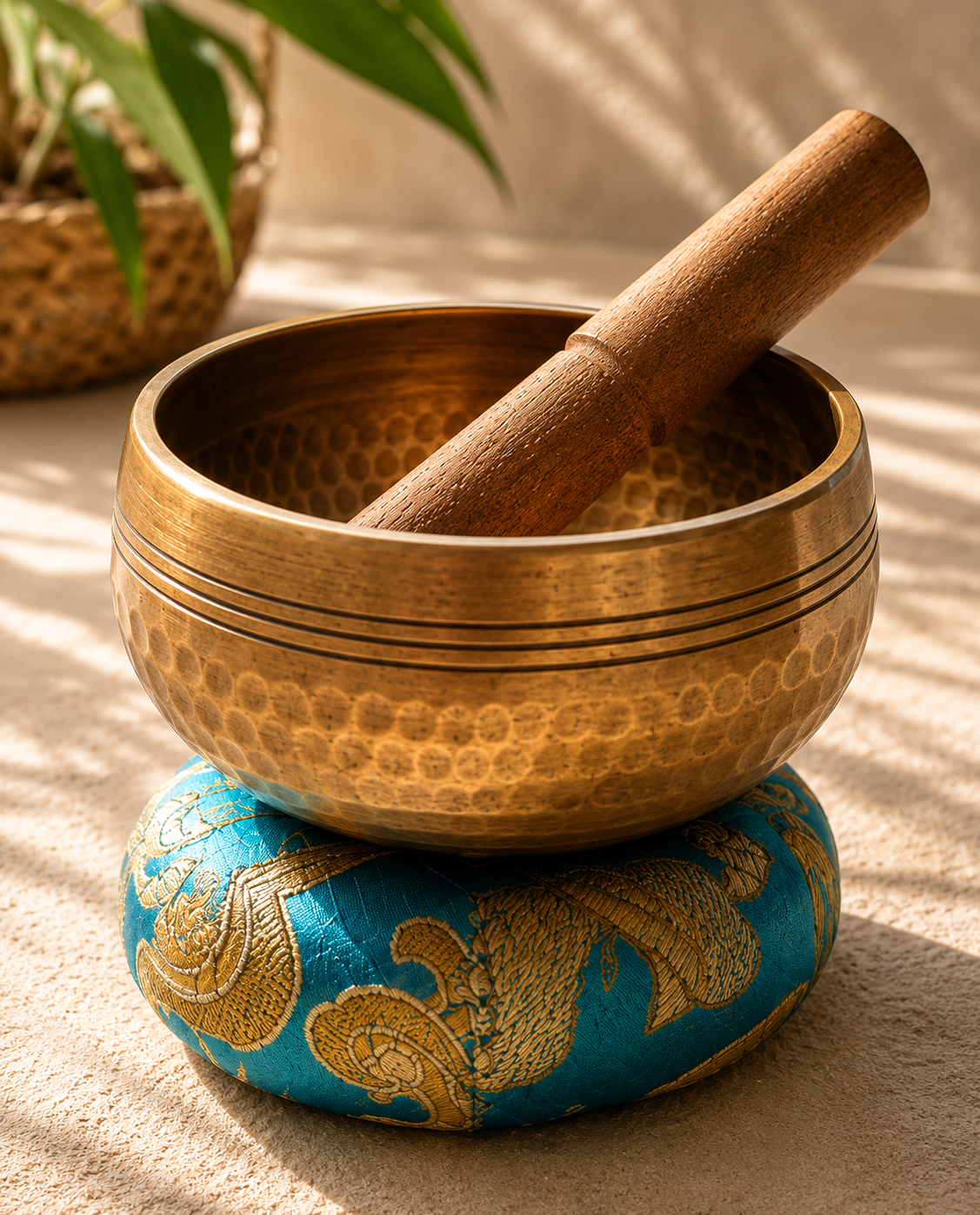 Bronze-toned singing bowl with striker and cushion